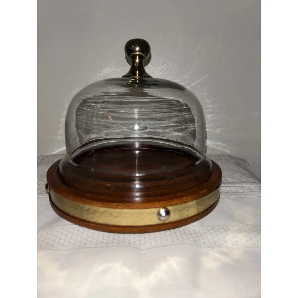 Glass Cloche Dome with Wood Base Brass Hammered Trim Small Cake Cheese Stand